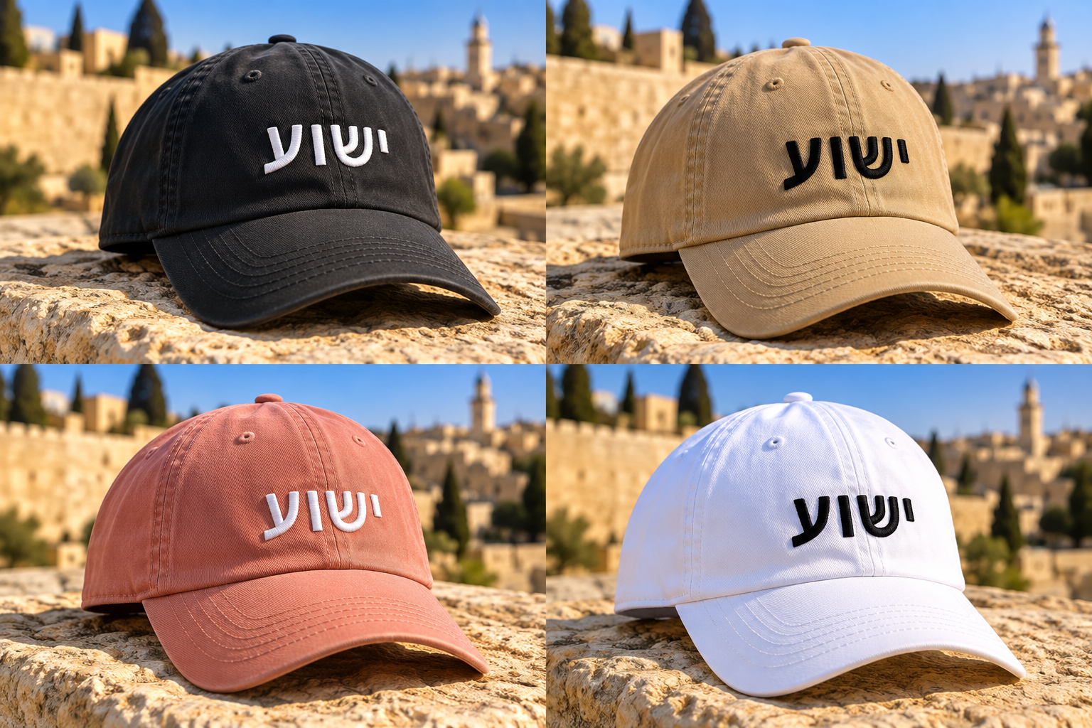 The Yeshua Hat in khaki with black Hebrew embroidery, black with white embroidery, pink with white embroidery, and white with black embroidery